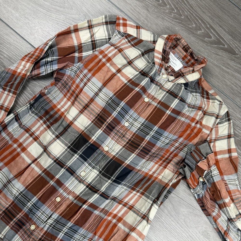 Trovata Women's Birds Of Paradise Button Up Plaid Blouse Orange Blue XS